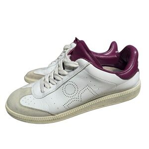 Isabel Marant White Leather Logo Sneakers Burgundy Heel EU 37 Designer Casual